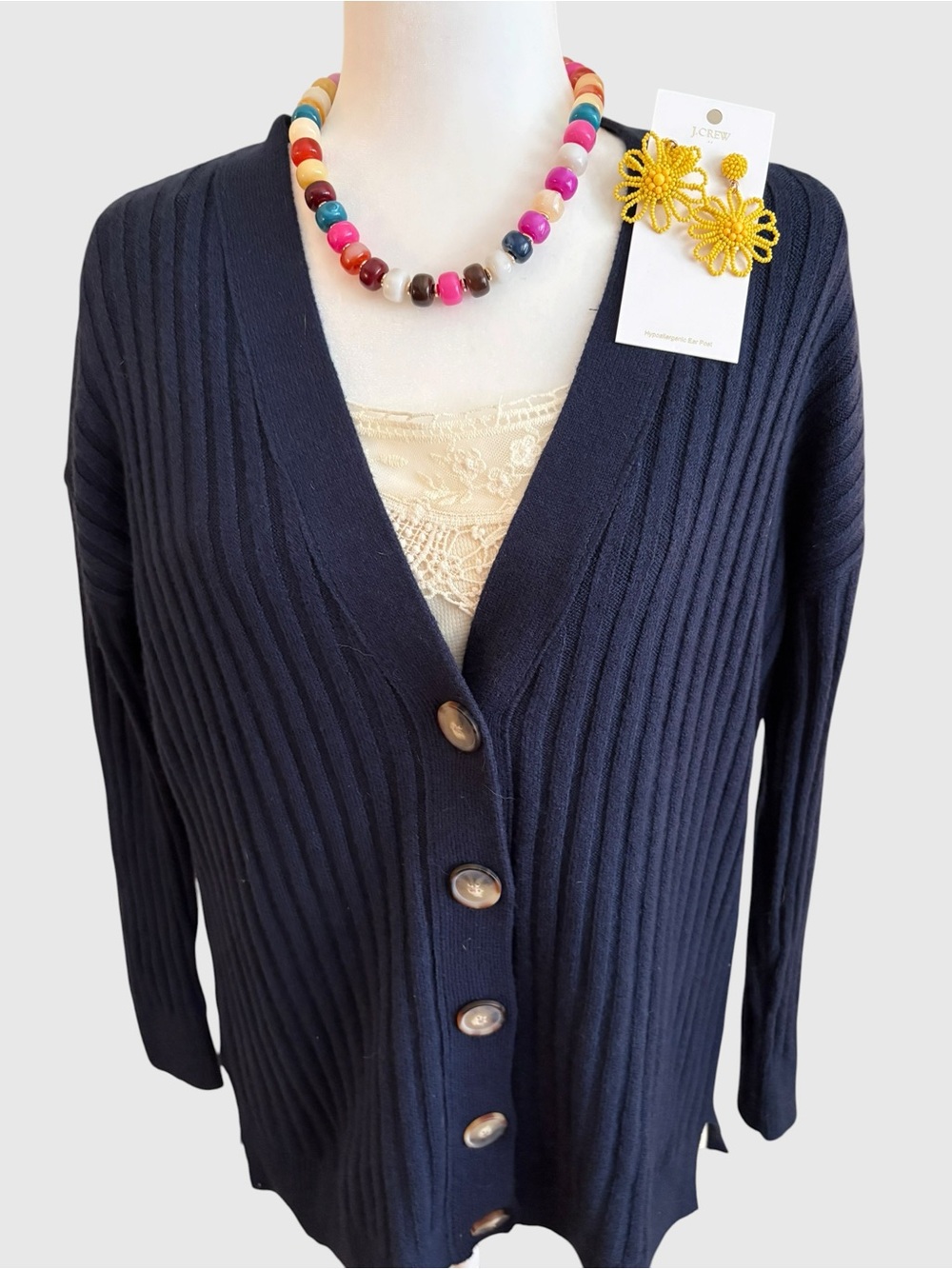LOFT Navy Ribbed V-Neck Button Cardigan - Picture 5 of 9